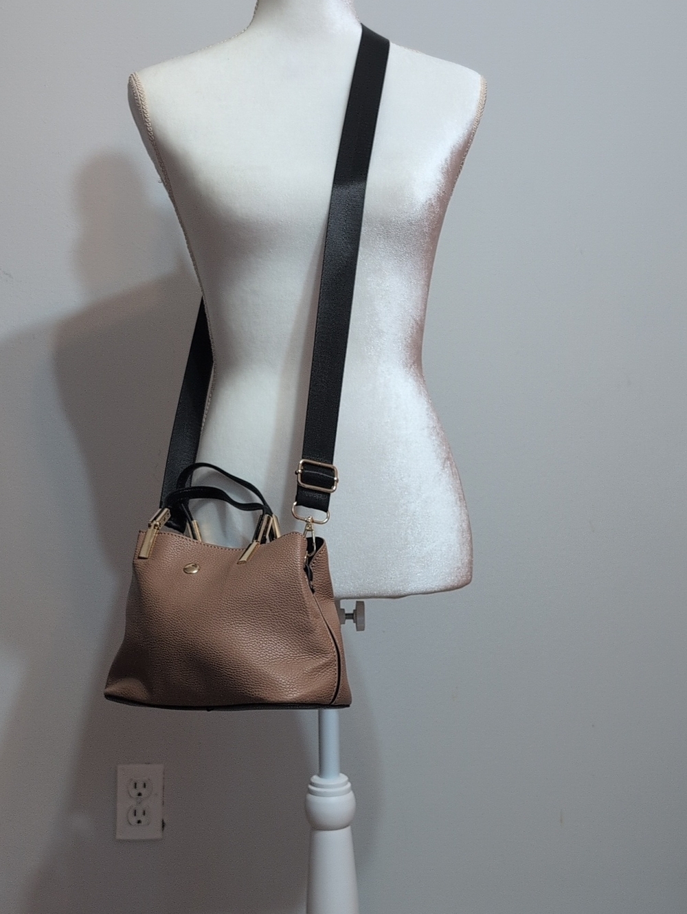 Pebbled Taupe Crossbody Bag with Wide Black Strap